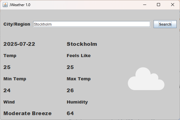 screenshot of JWeather application running
